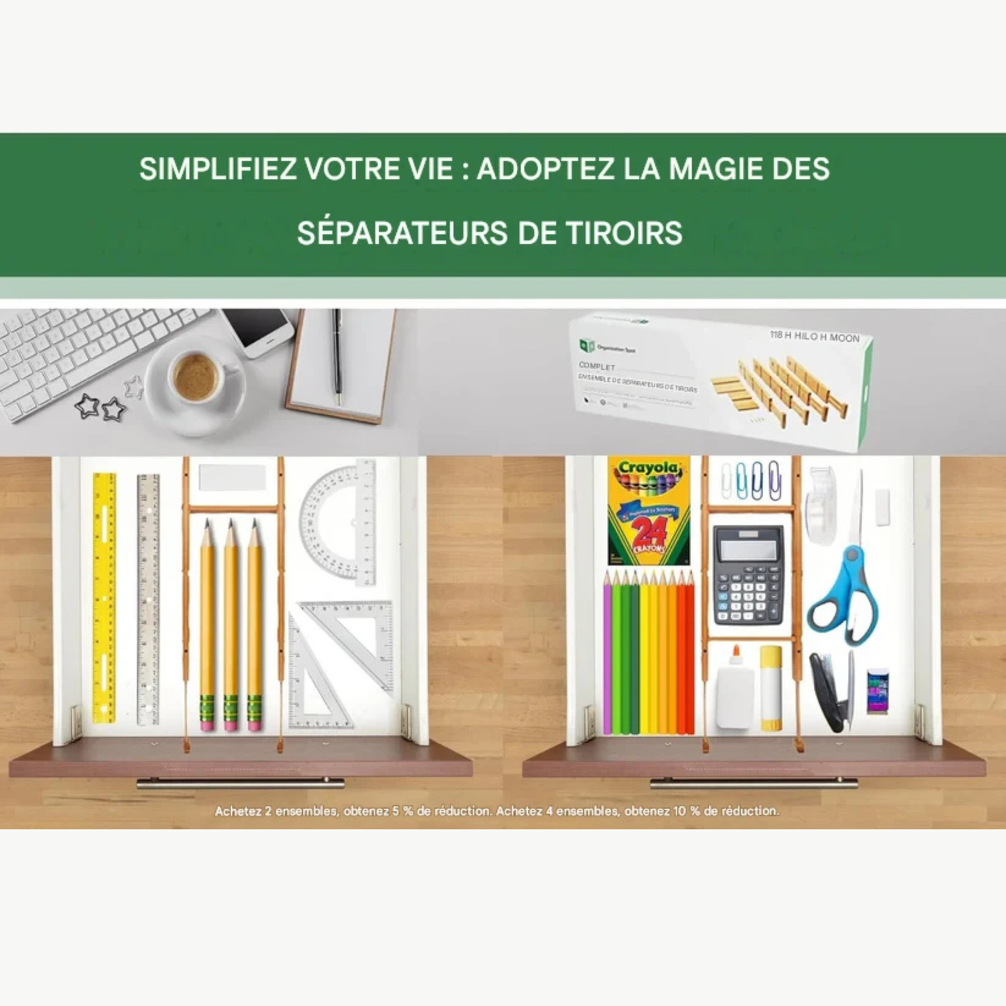 Lot de 4 séparateurs de tiroir extensibles en bambou avec inserts et doublure antidérapante