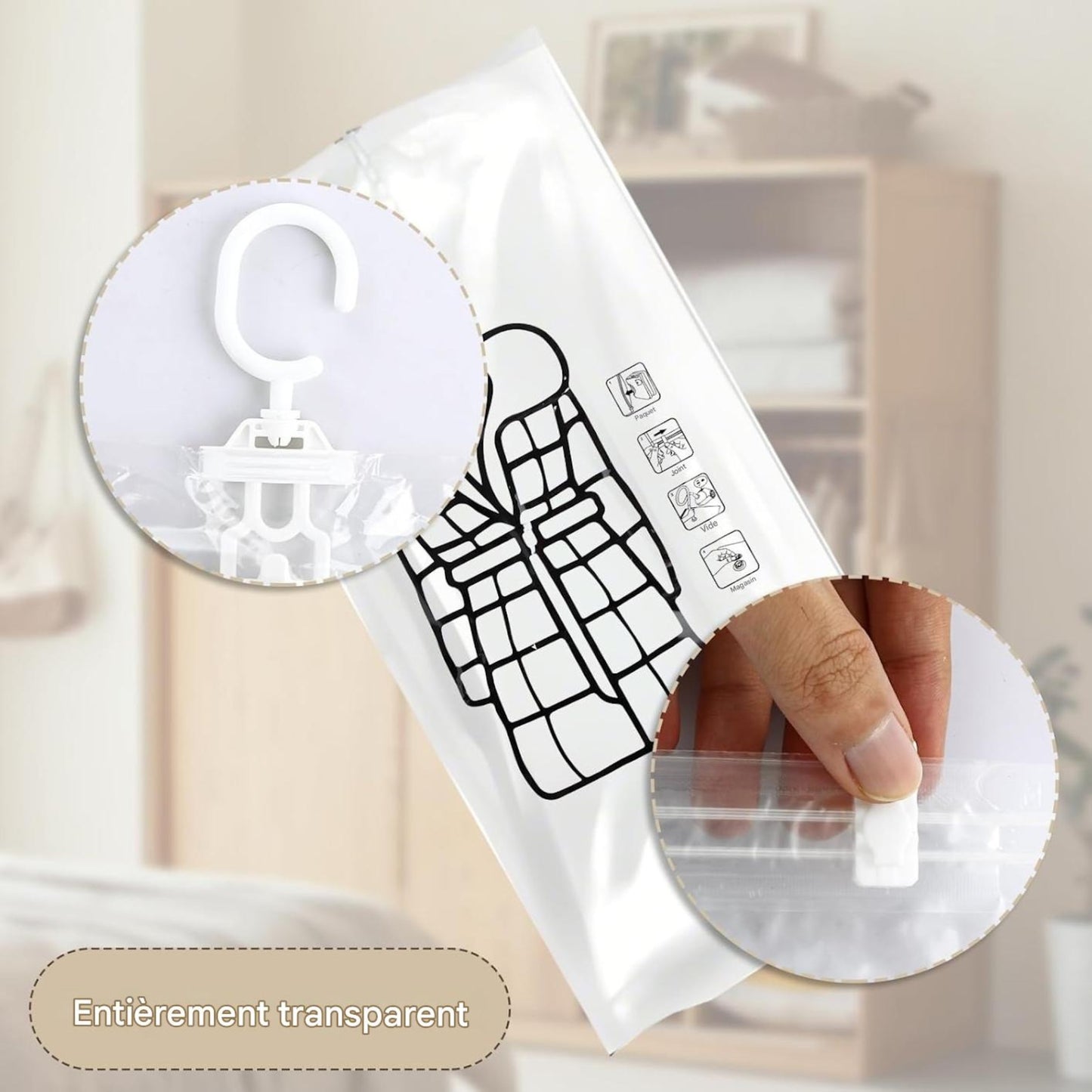 Sacs de rangement sous vide transparents avec crochets et appareil
