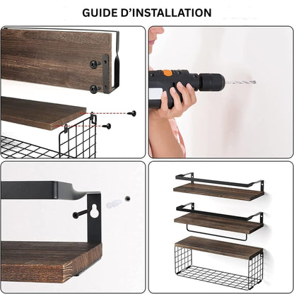 Lot de 3 Étagères Murales Flottantes en Bois & Métal