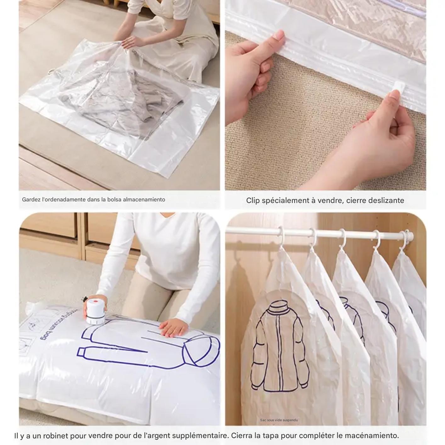 Sacs de rangement sous vide transparents avec crochets et appareil