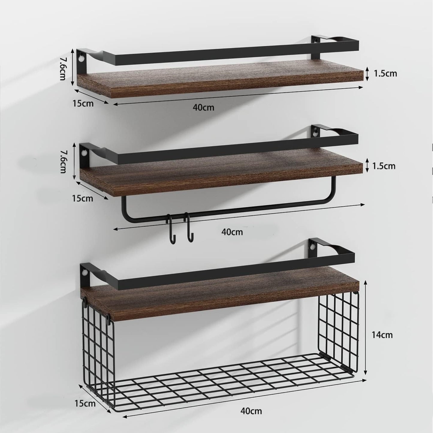 Lot de 3 Étagères Murales Flottantes en Bois & Métal