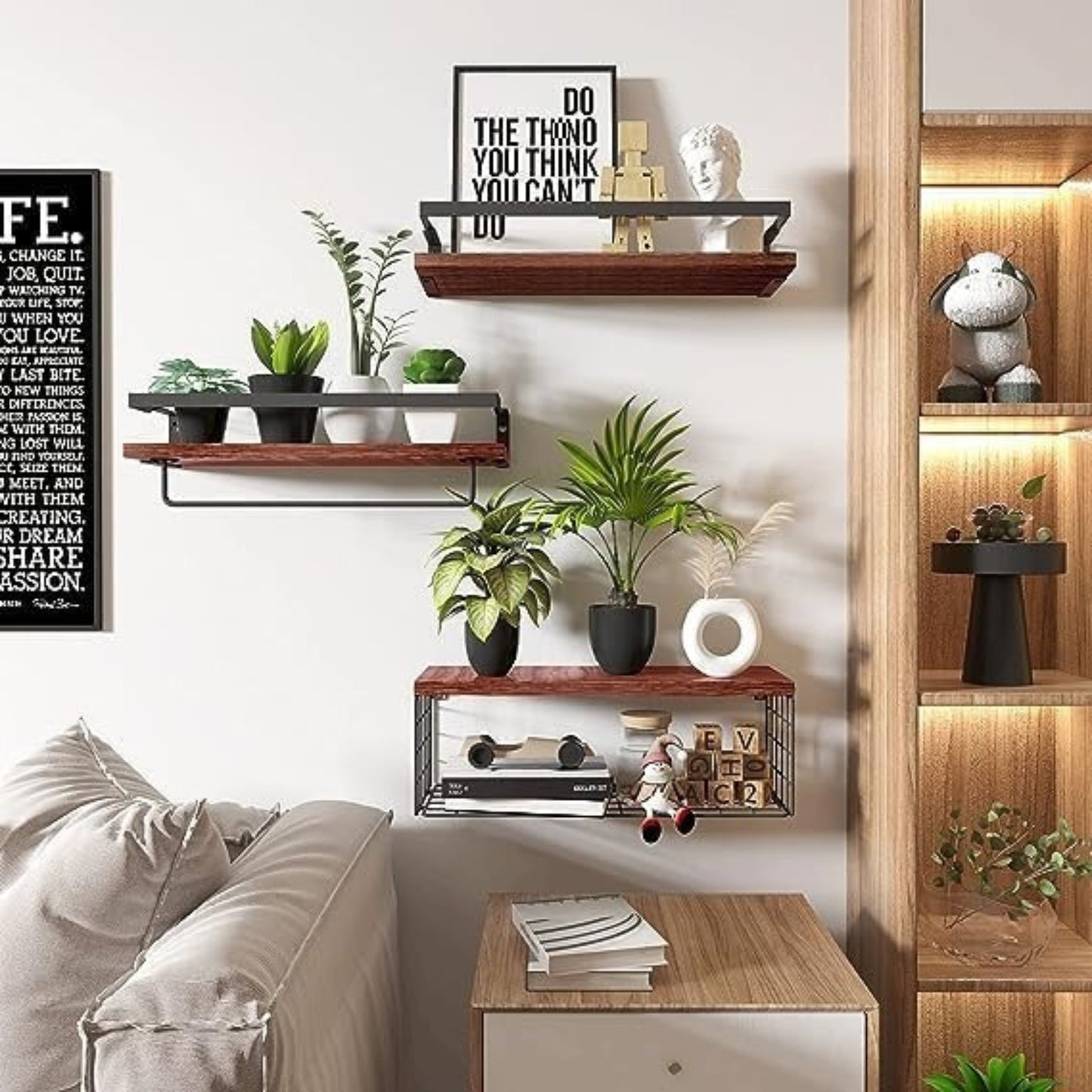 Lot de 3 Étagères Murales Flottantes en Bois & Métal