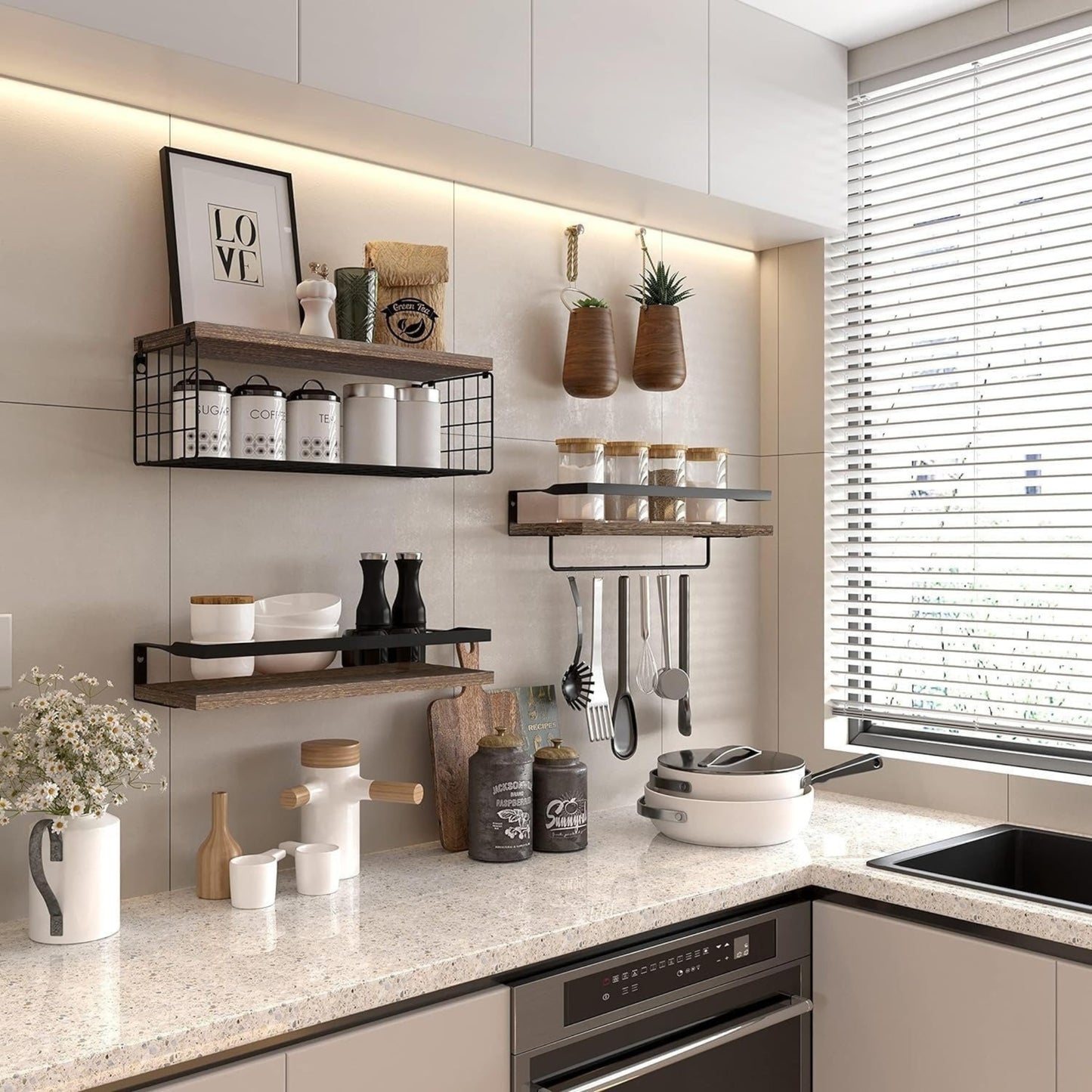 Lot de 3 Étagères Murales Flottantes en Bois & Métal