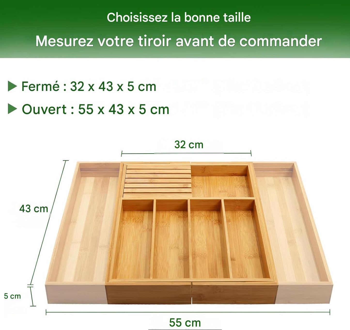 Range-couverts extensible en bambou avec compartiment amovible pour couteaux