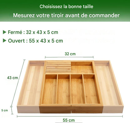 Range-couverts extensible en bambou avec compartiment amovible pour couteaux
