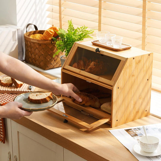 Huche à pain bambou double compartiment avec planche coulissante et fenêtres