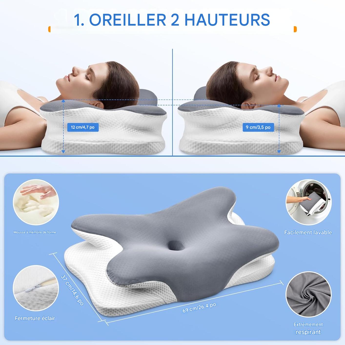 Oreiller ergonomique cervical en mousse à mémoire de forme : un soutien orthopédique conçu avec des praticiens