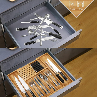 Range-couverts extensible en bambou avec compartiment amovible pour couteaux