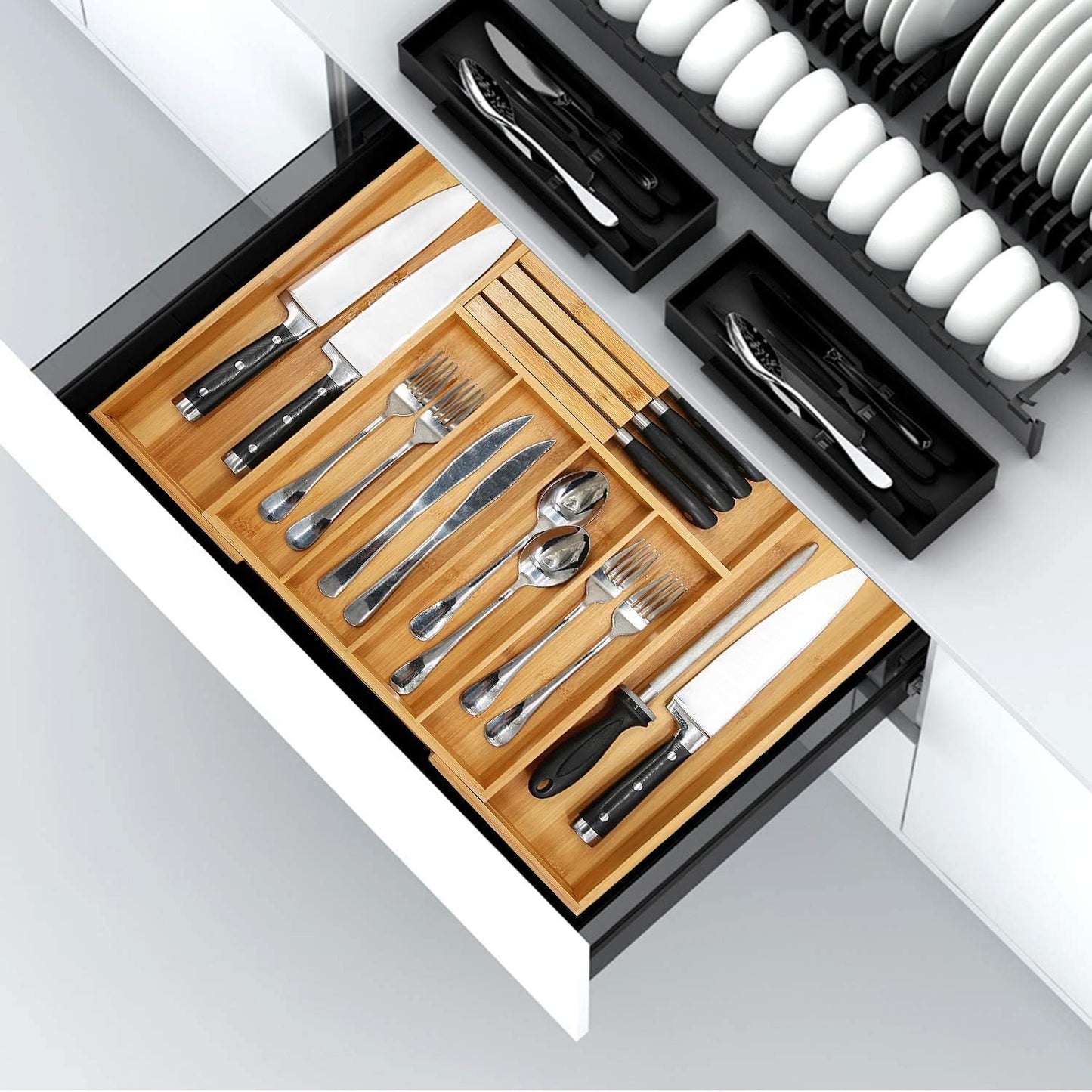 Range-couverts extensible en bambou avec compartiment amovible pour couteaux