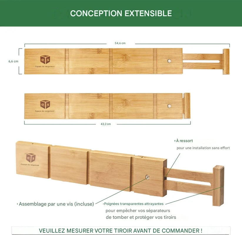 Lot de 4 séparateurs de tiroir extensibles en bambou avec inserts et doublure antidérapante