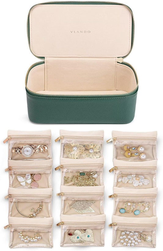 Organisateur de Bijoux de Voyage – Vert Émeraude avec 12 Poches