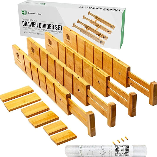 Lot de 4 séparateurs de tiroir extensibles en bambou avec inserts et doublure antidérapante