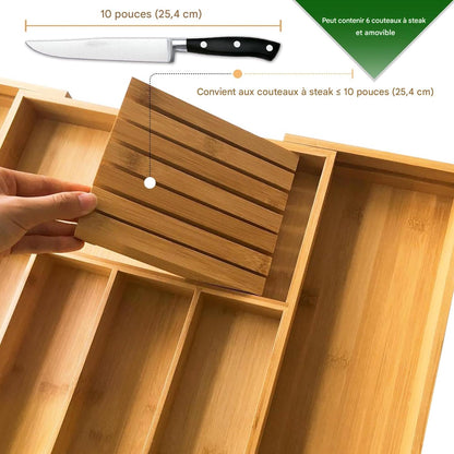 Range-couverts extensible en bambou avec compartiment amovible pour couteaux