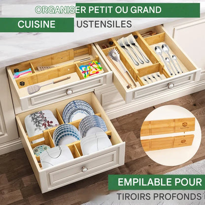 Lot de 4 séparateurs de tiroir extensibles en bambou avec inserts et doublure antidérapante