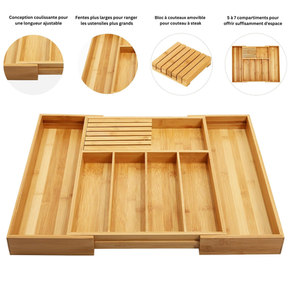 Range-couverts extensible en bambou avec compartiment amovible pour couteaux