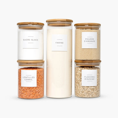 Pack de bocaux en verre de différentes tailles avec 25 étiquettes pour l’organisation du garde-manger