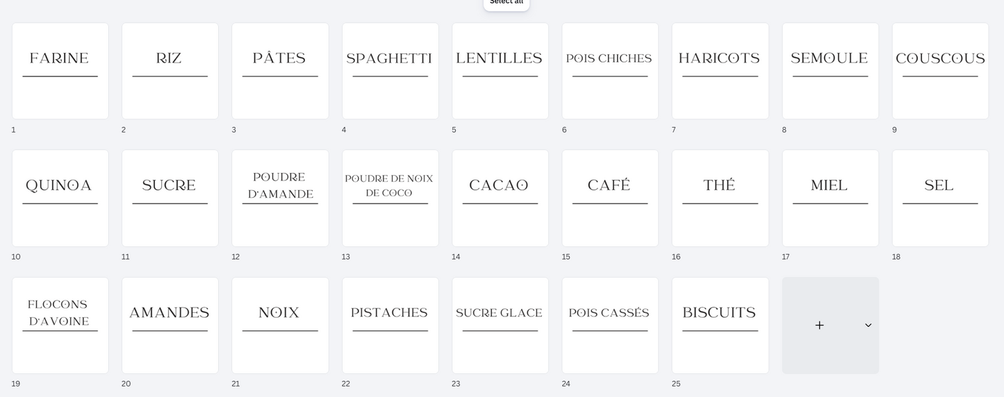 Pack de bocaux en verre de différentes tailles avec 25 étiquettes pour l’organisation du garde-manger
