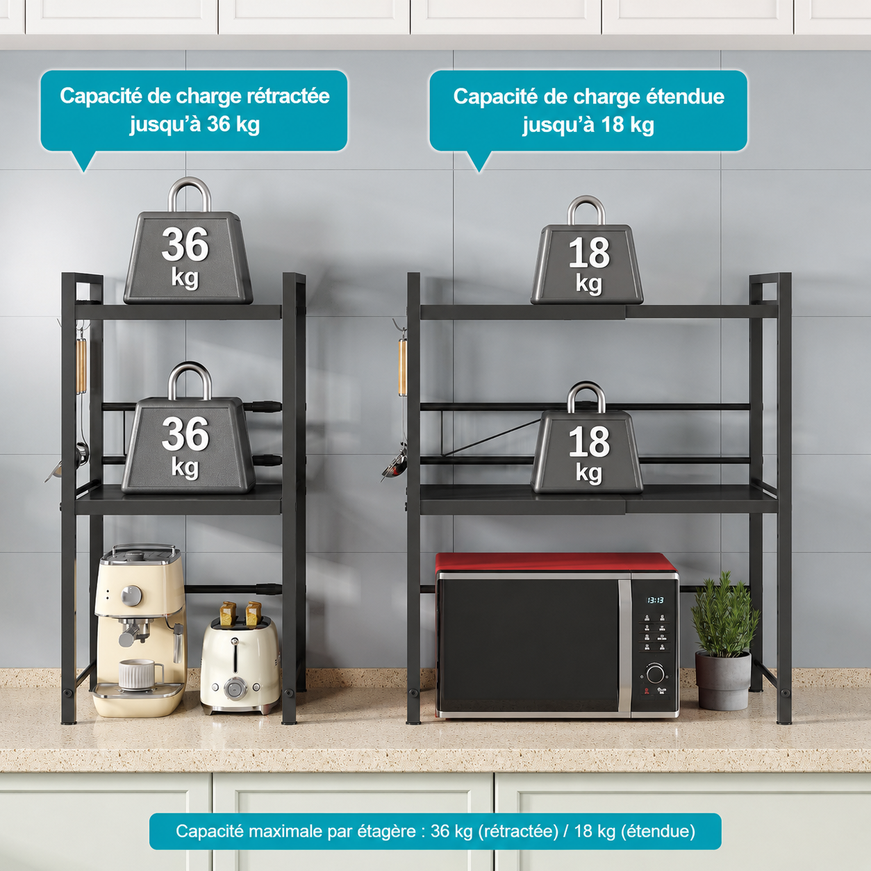 Étagère Micro-Ondes Extensible à 3 Niveaux