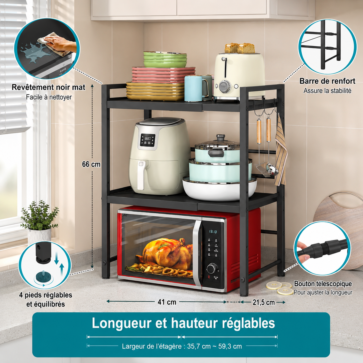 Étagère Micro-Ondes Extensible à 3 Niveaux