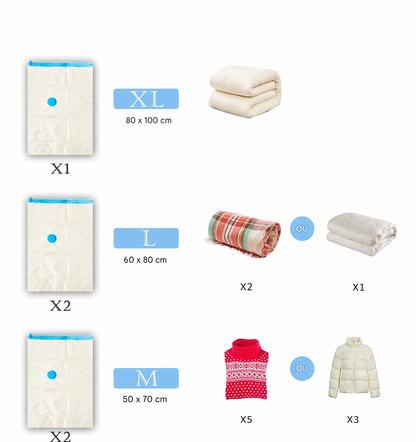 Lot de Sacs de Compression Sous-Vide Réutilisables avec Pompe – Différentes Tailles, Idéal pour Maison, Voyage et Déménagement