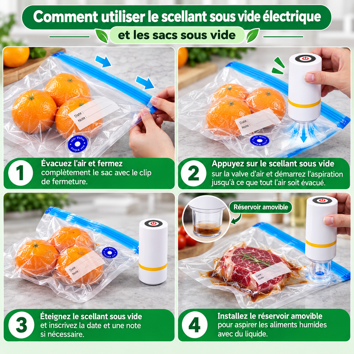 Kit Sous Vide Alimentaire – Pompe Électrique Rechargeable + 20 Sacs Réutilisables