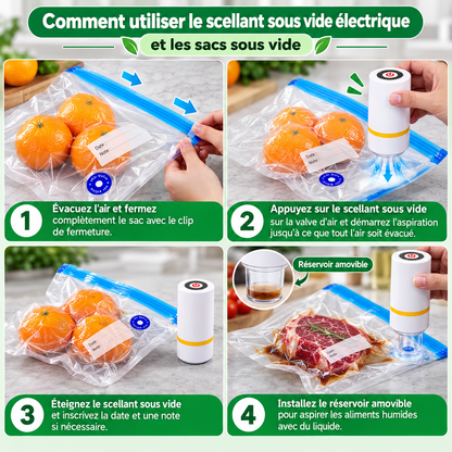 Kit Sous Vide Alimentaire – Pompe Électrique Rechargeable + 20 Sacs Réutilisables