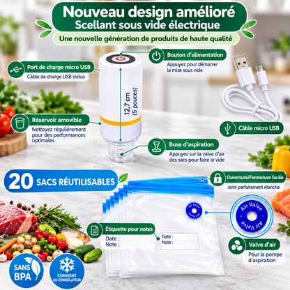 Kit Sous Vide Alimentaire – Pompe Électrique Rechargeable + 20 Sacs Réutilisables