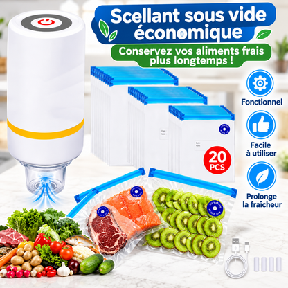 Kit Sous Vide Alimentaire – Pompe Électrique Rechargeable + 20 Sacs Réutilisables