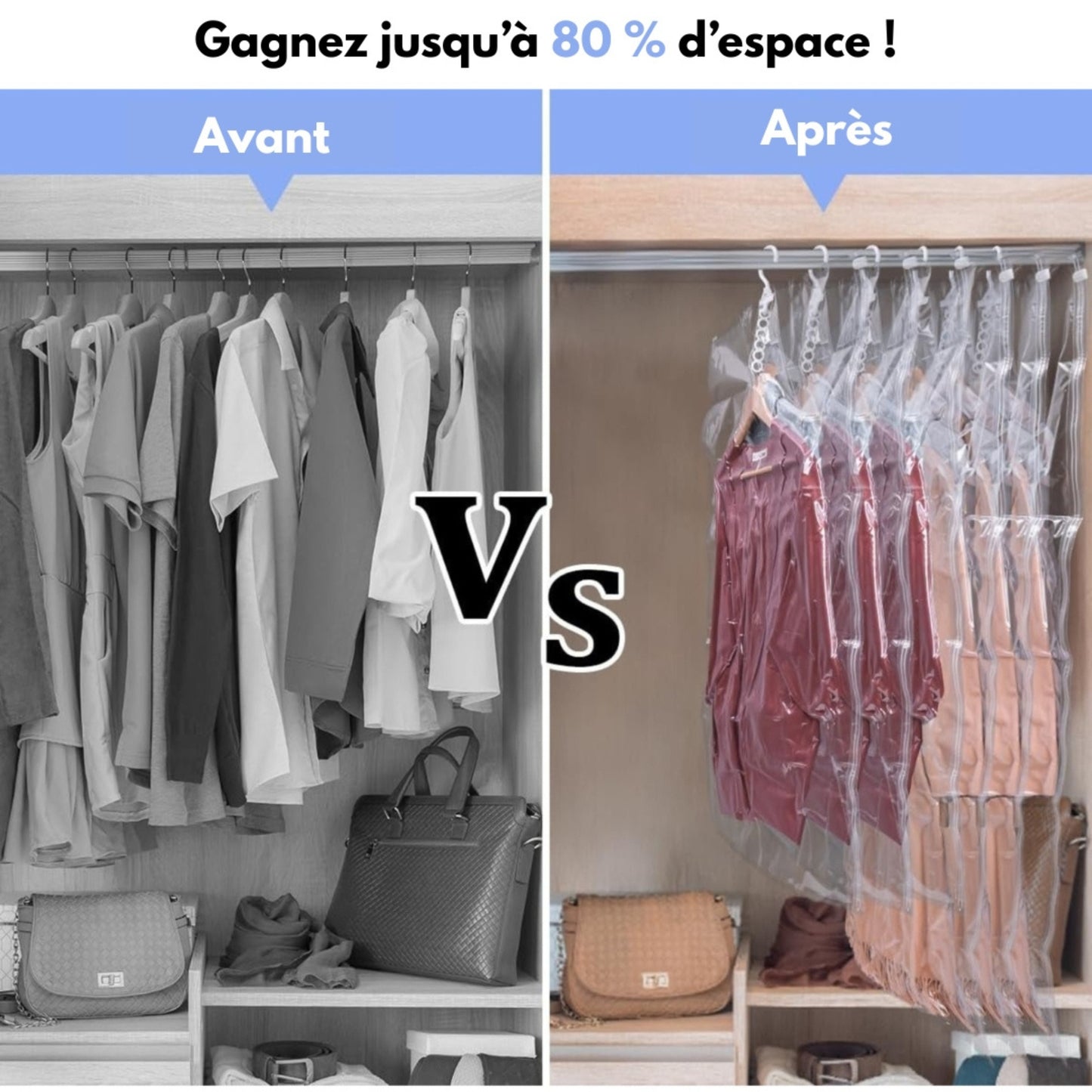 Sacs de rangement sous vide transparents avec crochets et appareil