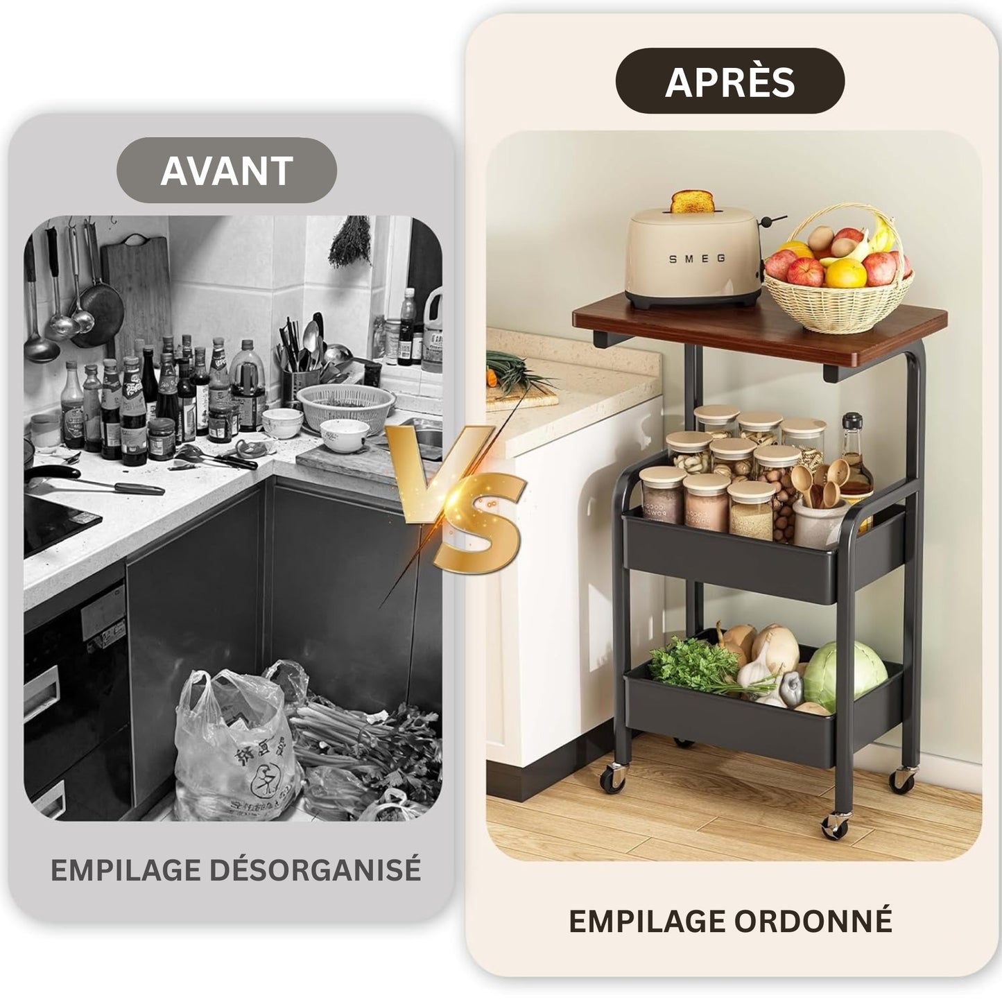 Chariot de Rangement 3 niveaux – Solide, pratique et multifonction