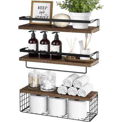 Lot de 3 Étagères Murales Flottantes en Bois & Métal