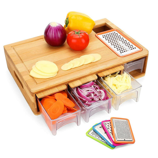 Planche à Découper en Bambou avec Tiroirs & Bacs Intégrés